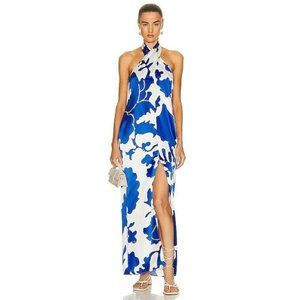 SIR. Esme Halter Dress Merce Abstract Print Blue White Silk Satin